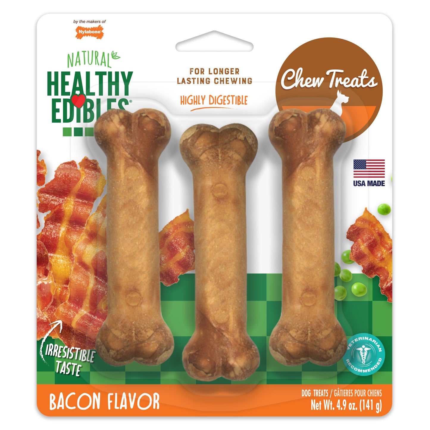 Nylabone Healthy Edibles AllNatural Long Lasting Bacon Chew Treats Bacon, SMall/Regular Up To 25 Ibs. 3 ct