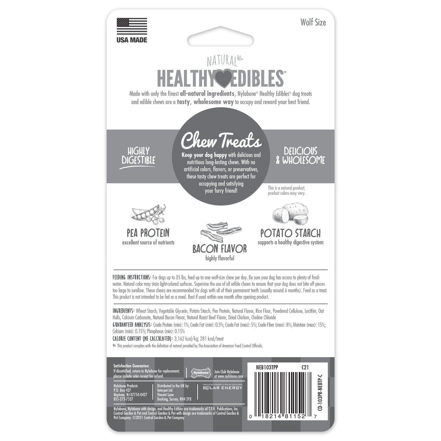 Nylabone Healthy Edibles AllNatural Long Lasting Bacon Chew Treats Bacon, Medium/Wolf Up To 35 Lbs. 2 ct
