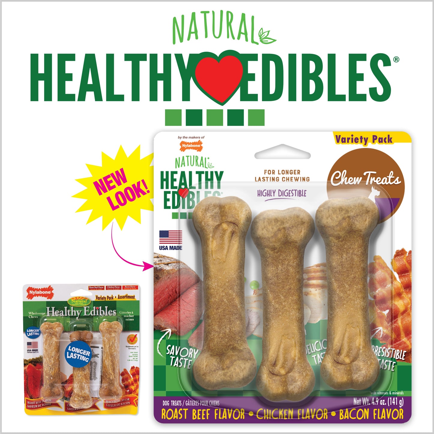 Nylabone Healthy Edibles AllNatural Long Lasting Chew Treats Variety Pack 3 count, SMall/Regular Up To 25 lb