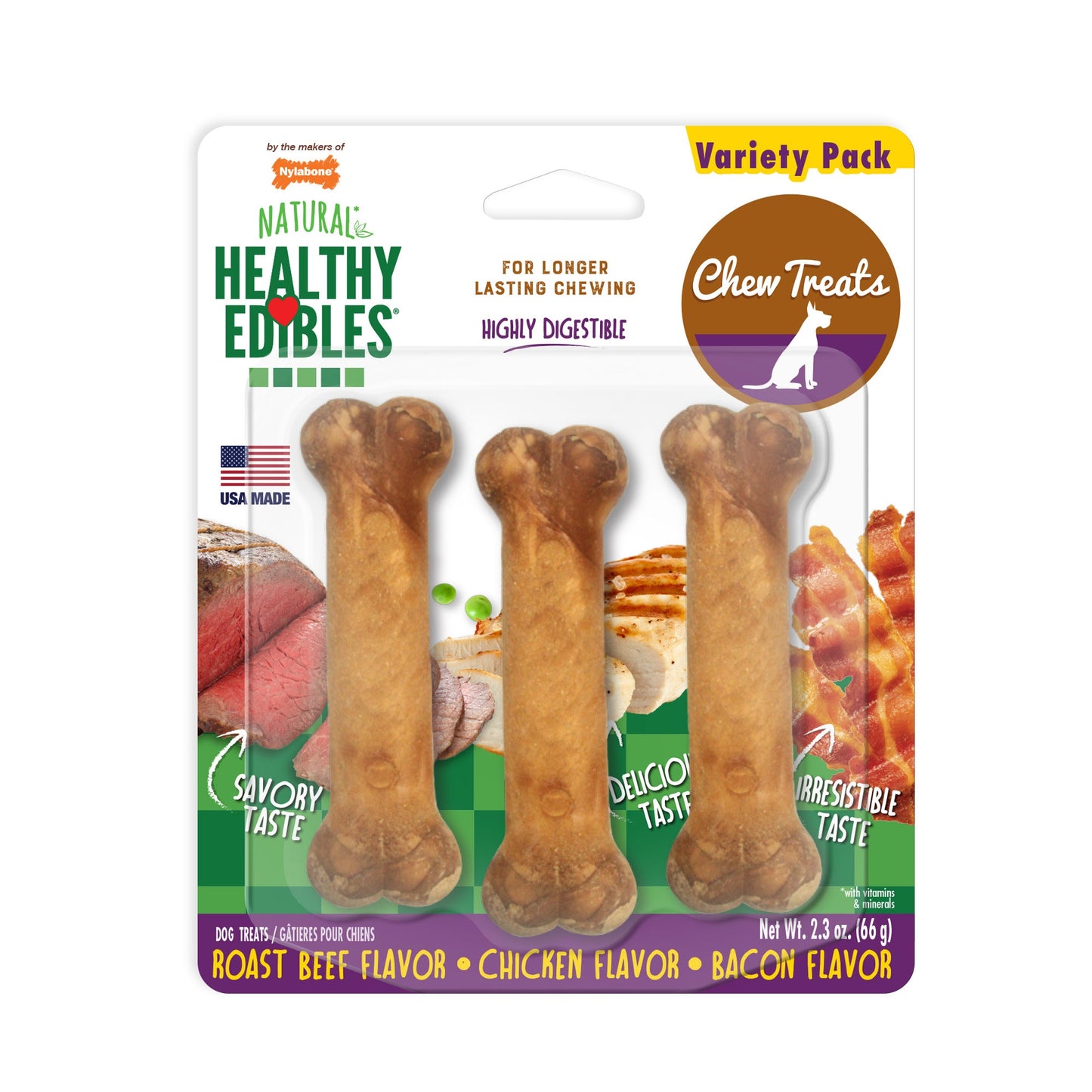 Nylabone Healthy Edibles AllNatural Long Lasting Chew Treats Variety Pack 3 count, Petite Up To 15 lb