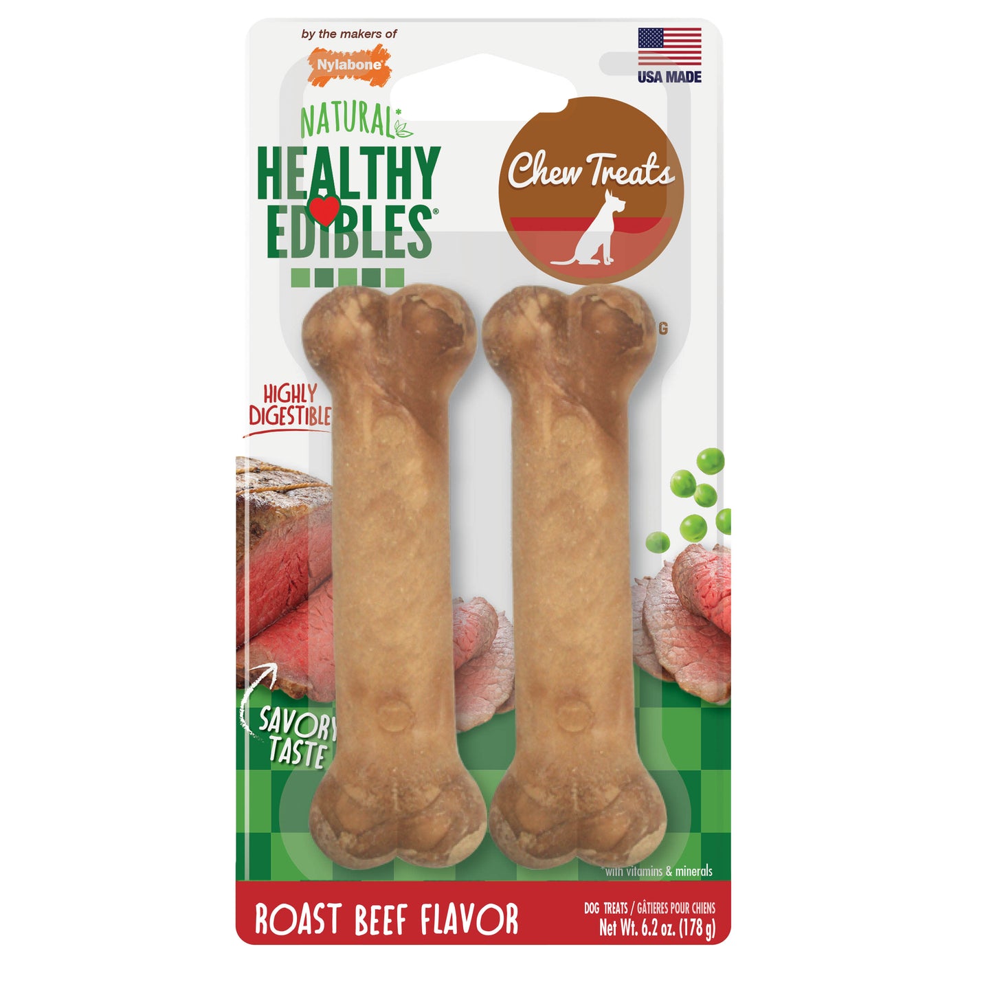Nylabone Healthy Edibles AllNatural Long Lasting Roast Beef Dog Chew Treats 2 count, Wolf Up To 35 lb