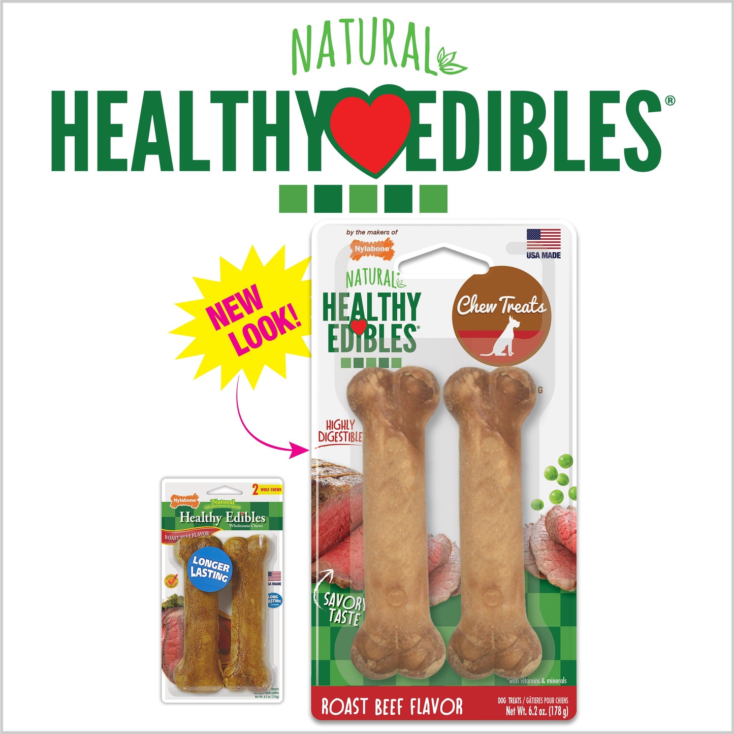 Nylabone Healthy Edibles AllNatural Long Lasting Roast Beef Dog Chew Treats 2 count, Wolf Up To 35 lb