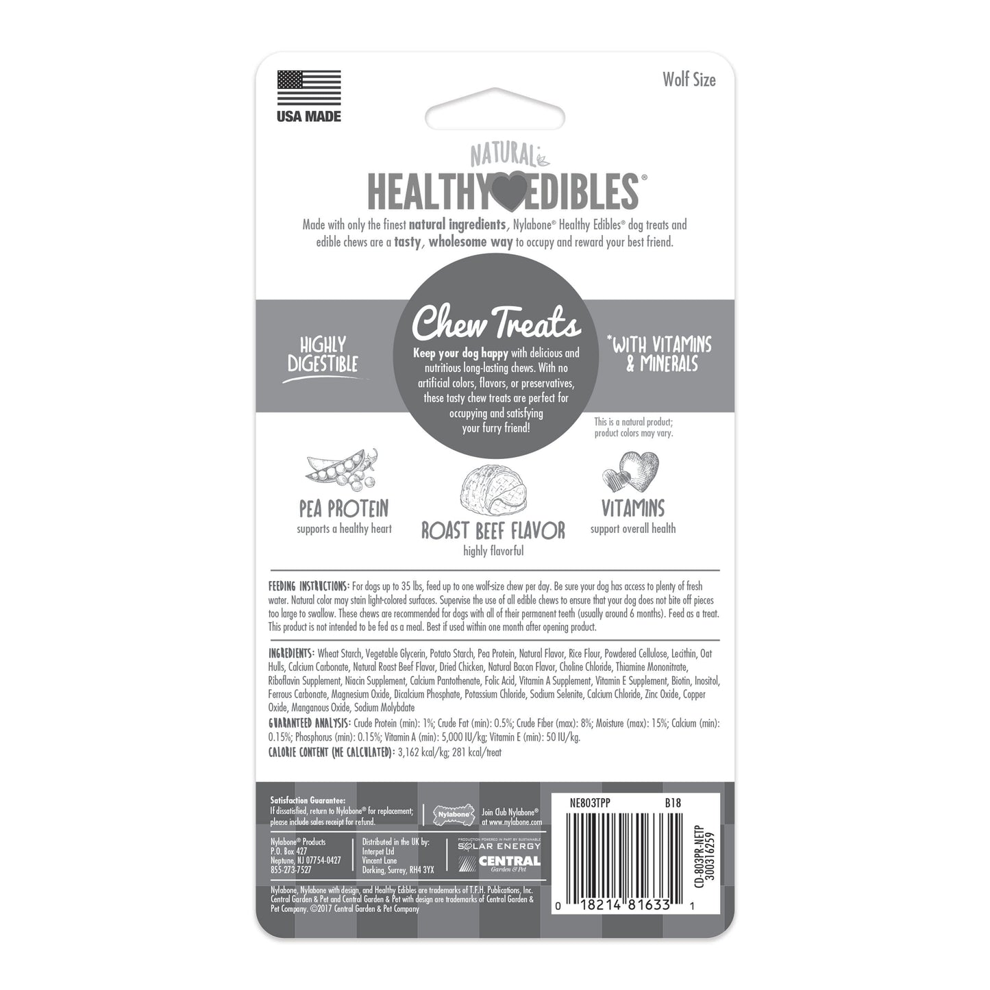 Nylabone Healthy Edibles AllNatural Long Lasting Roast Beef Dog Chew Treats 2 count, Wolf Up To 35 lb