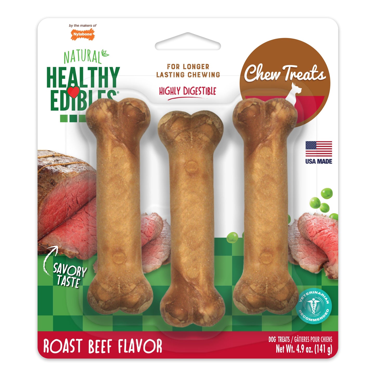 Nylabone Healthy Edibles AllNatural Long Lasting Roast Beef Dog Chew Treats Roast Beef, SMall/Regular Up To 25 Ibs. 3 ct
