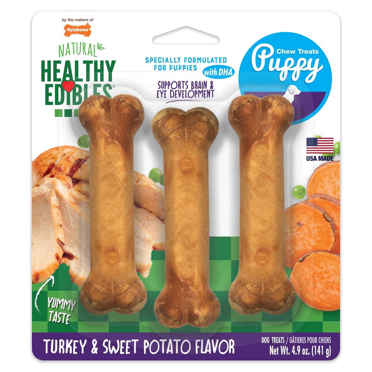 Nylabone Healthy Edibles Puppy Turkey Sweet Potato Dog Chew Treats Turkey Sweet Potato, SMall/Regular Up To 25 Ibs. 3 ct