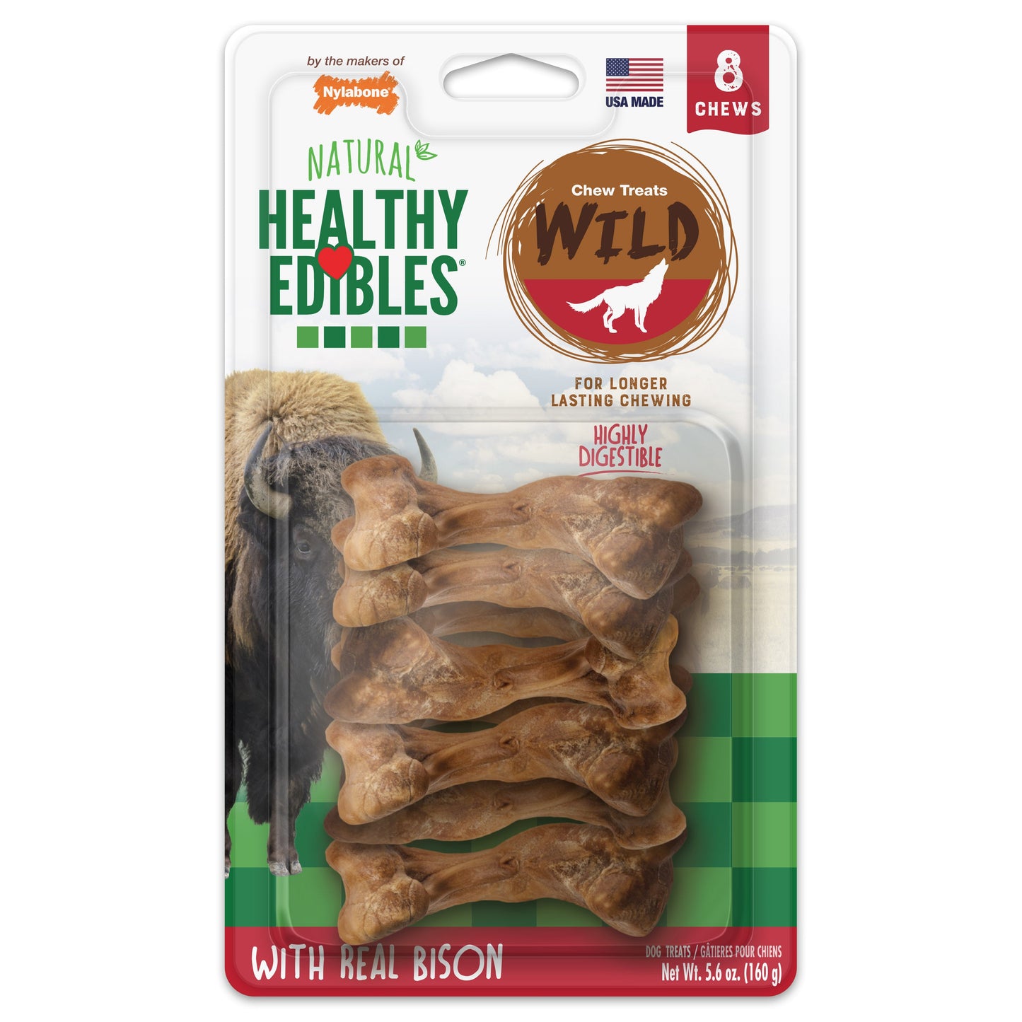 Nylabone Healthy Edibles WILD Natural Long Lasting Bison Dog Chew Treats Bison, SMall/Regular Up To 25 Ibs. 8 ct