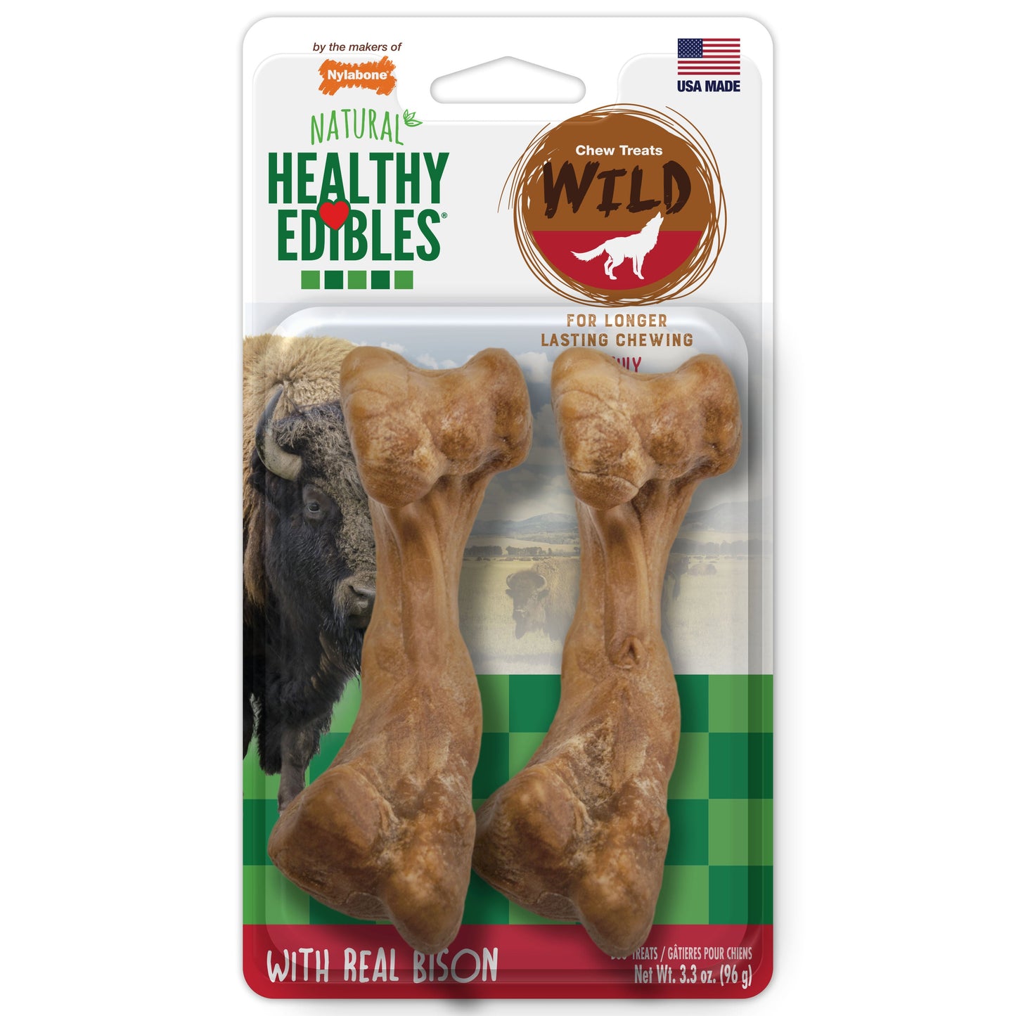 Nylabone Healthy Edibles WILD Natural Long Lasting Bison Dog Chew Treats Bison, Medium/Wolf Up To 35 Lbs. 2 ct