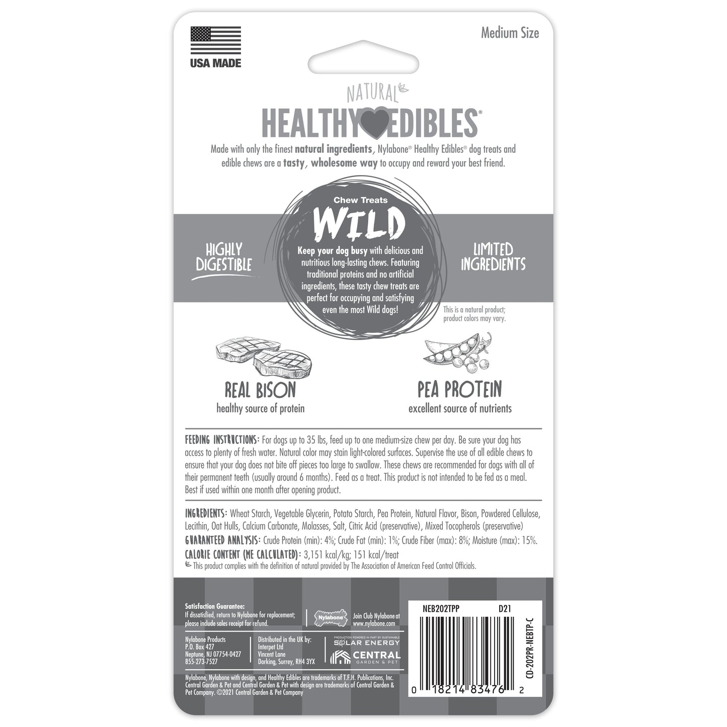 Nylabone Healthy Edibles WILD Natural Long Lasting Bison Dog Chew Treats Bison, Medium/Wolf Up To 35 Lbs. 2 ct