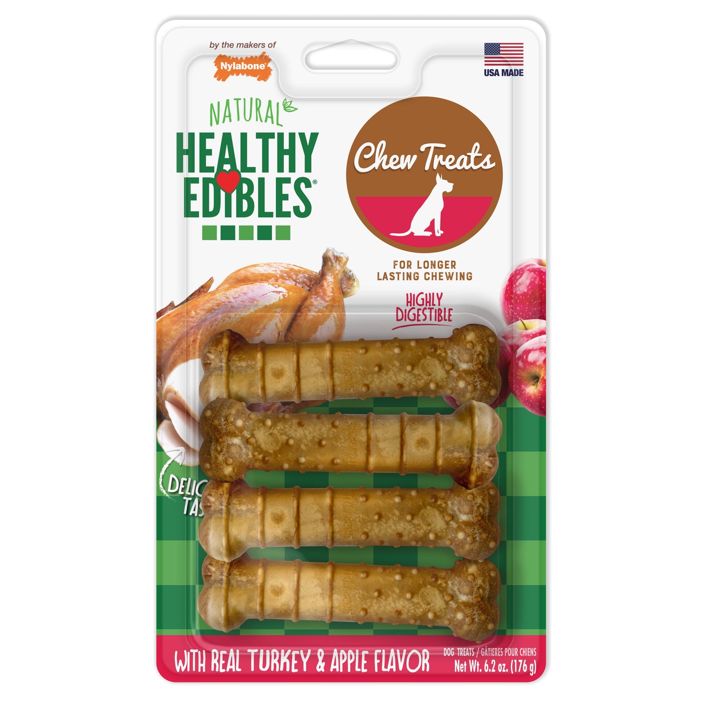 Nylabone Healthy Edibles AllNatural Long Lasting Turkey Apple Dog Chew Treats Turkey Apple, SMall/Regular Up To 25 Ibs. 4 ct