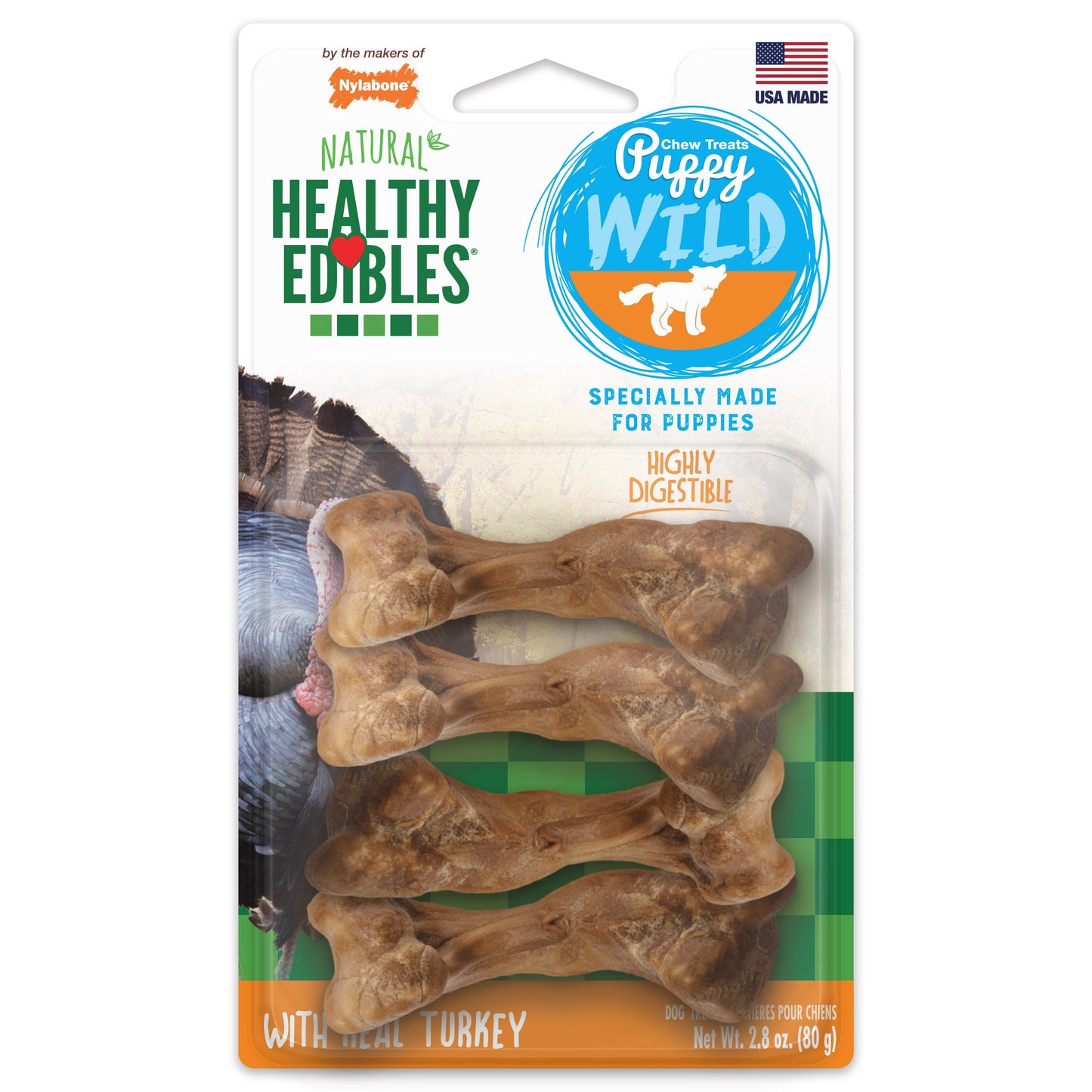 Nylabone Healthy Edibles WILD Puppy Natural Long Lasting Turkey Dog Chew Treats Turkey, SMall/Regular Up To 25 Ibs. 4 ct