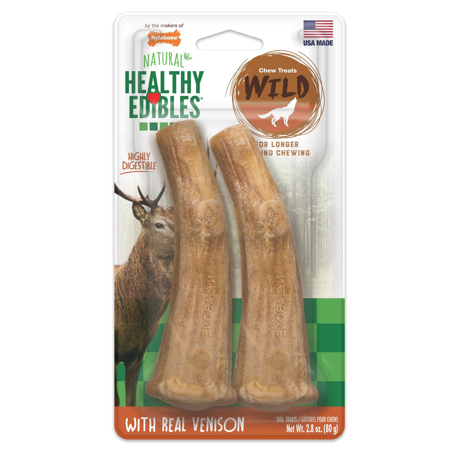 Nylabone Healthy Edibles WILD Antler Natural Long Lasting Dog Chew Treats Venison, Large/Giant Up To 50 Lbs. 2 ct