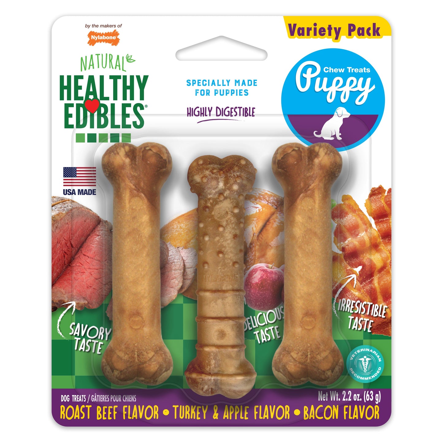 Nylabone Healthy Edibles Puppy Natural Long Lasting Variety Dog Chew Treats Roast Beef, Turkey, Apple, Bacon, XS/Petite Up To 15 Lbs. 3 ct