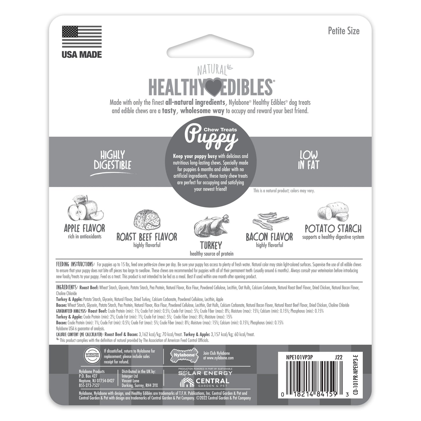 Nylabone Healthy Edibles Puppy Natural Long Lasting Variety Dog Chew Treats Roast Beef, Turkey, Apple, Bacon, XS/Petite Up To 15 Lbs. 3 ct