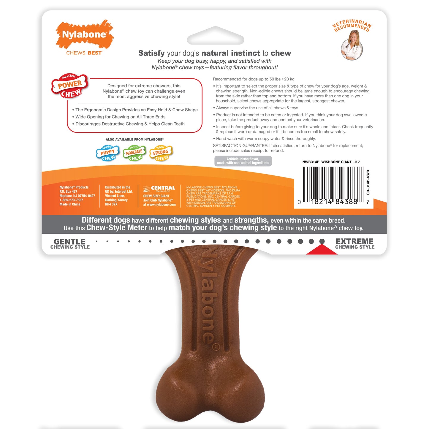 Nylabone Ergonomic Hold & Chew Wishbone Power Chew Durable Dog Toy Bison 1ea/Large/Giant - Up To 50 lb