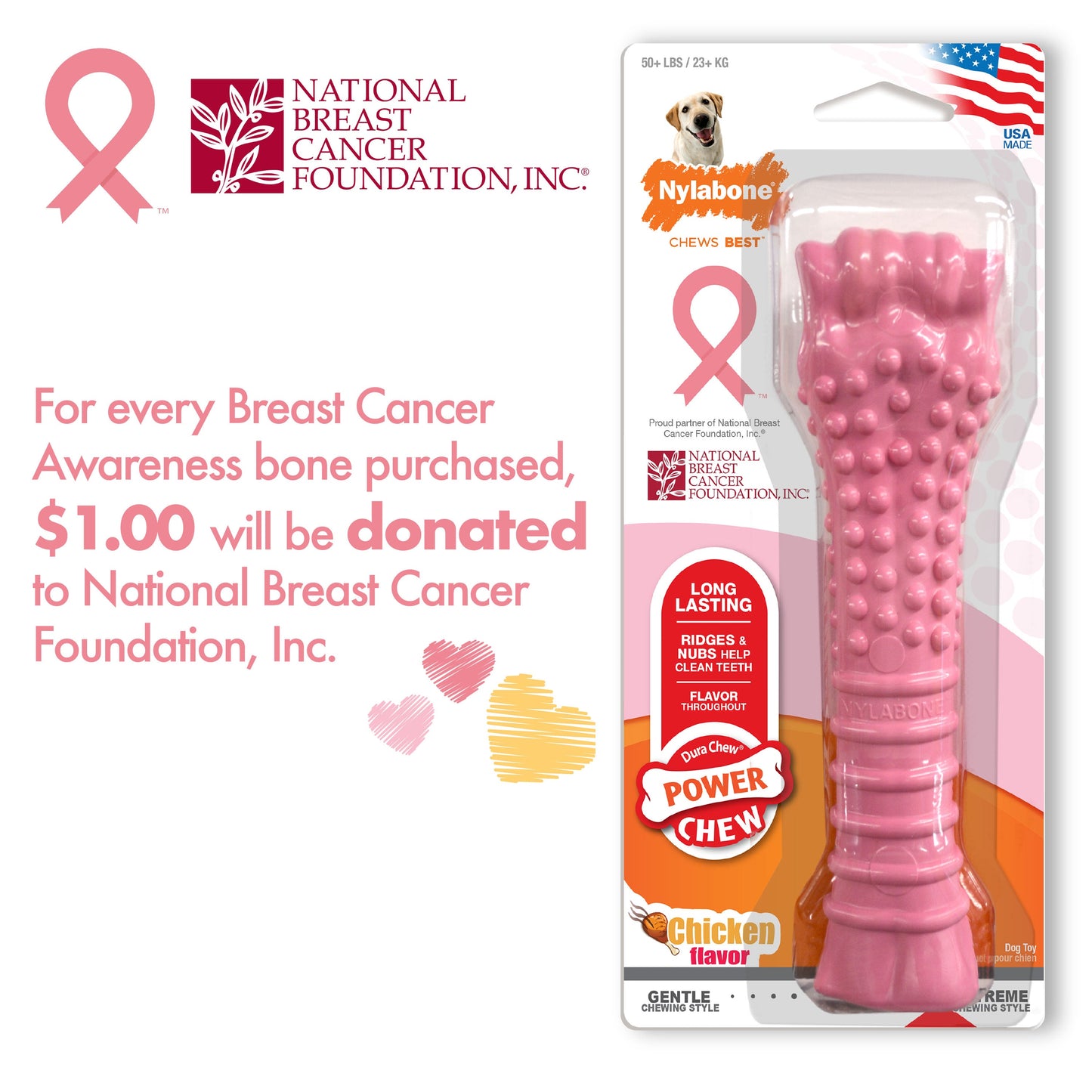 Nylabone Breast Cancer Awareness Pink Power Chew Textured Dog Toy Chicken 1ea/XL/Souper - 50+ lb