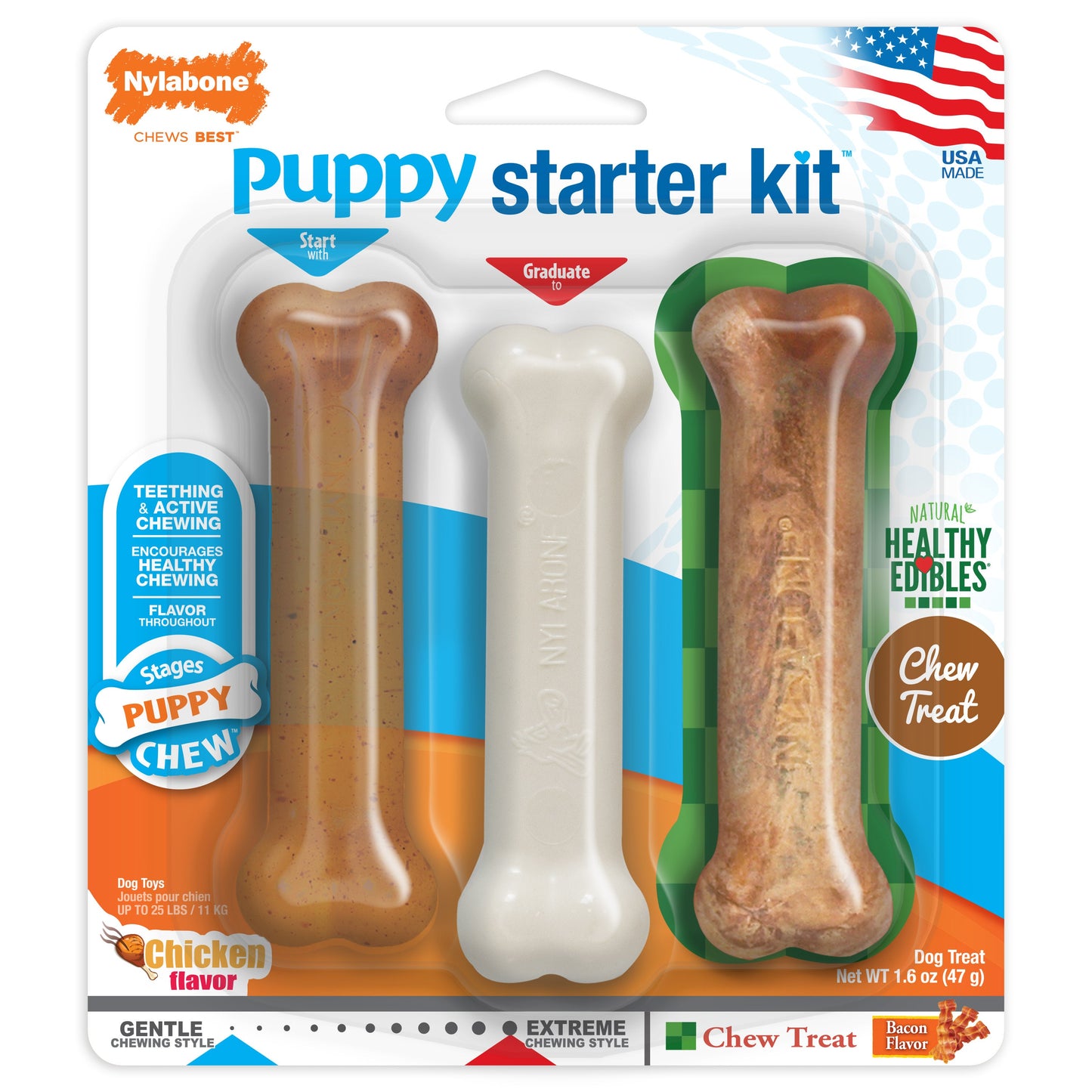 Nylabone Puppy Starter Kit Dog Chew Toys & Treat Chicken & Bacon 1ea/SMall/Regular - Up To 25 Ibs.