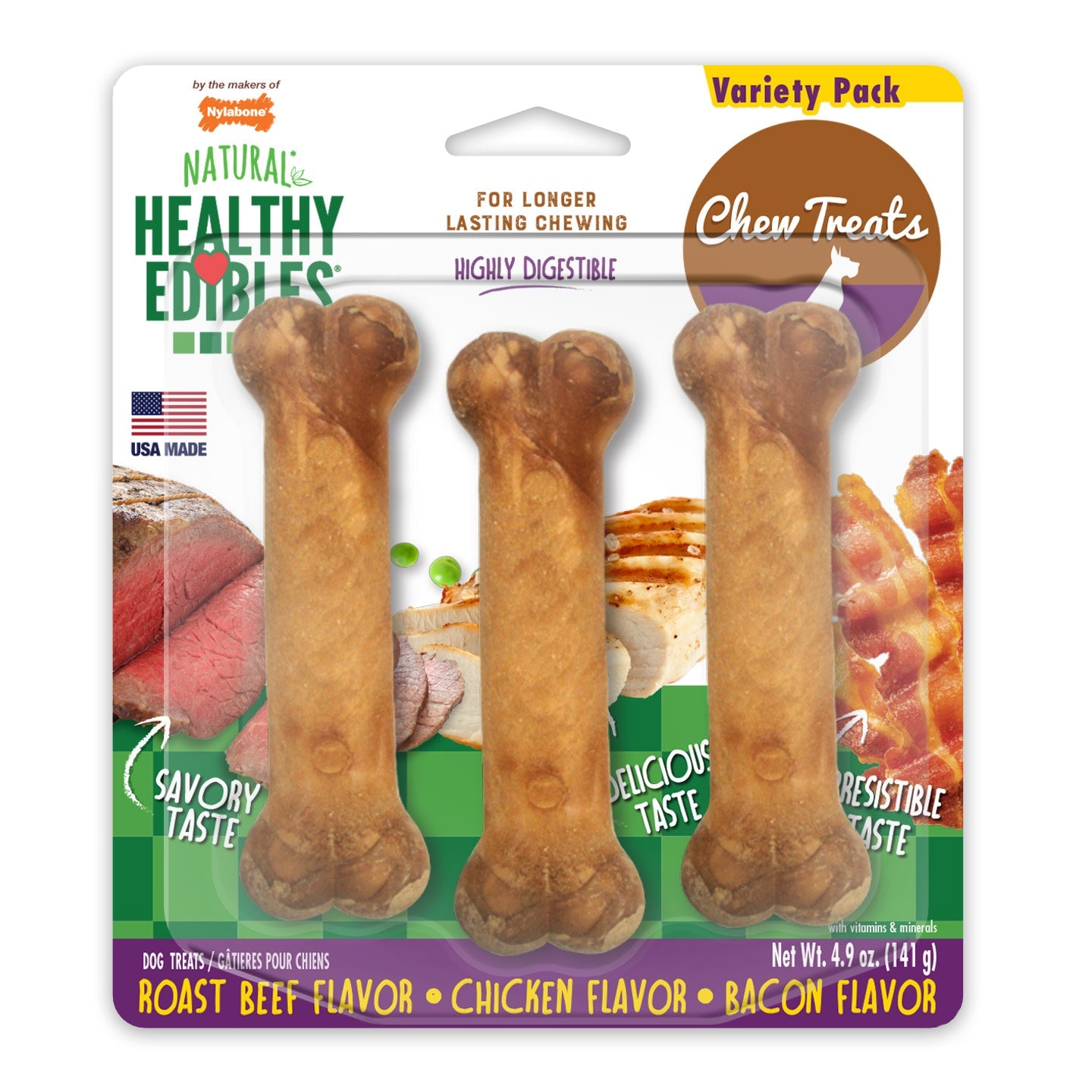 Nylabone Healthy Edibles AllNatural Long Lasting Chew Treats Variety Pack 3 count, SMall/Regular  Up To 25 lb