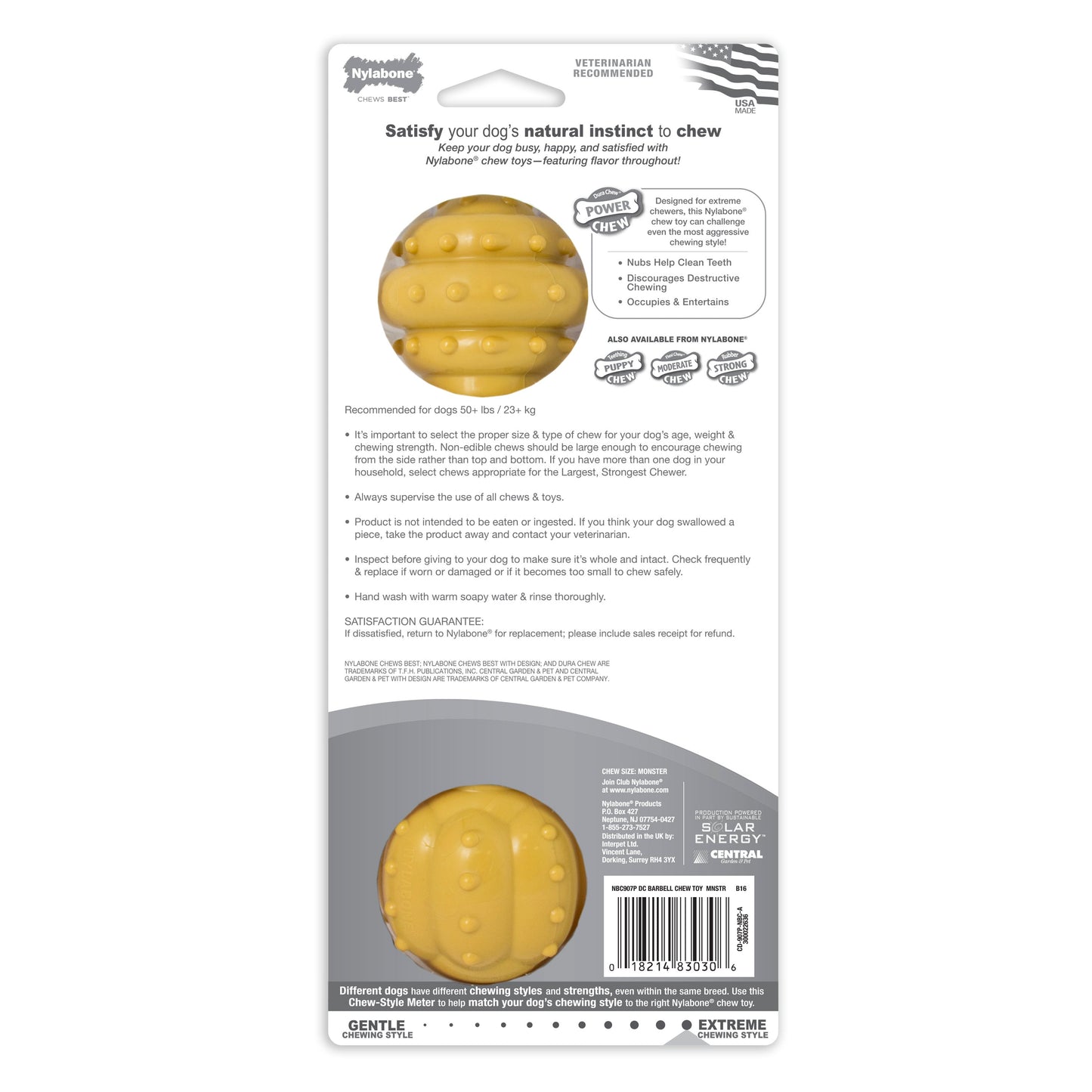Nylabone Barbell Power Chew Durable Dog Toy Peanut Butter 1ea/XXL/Monster - 50++ lb