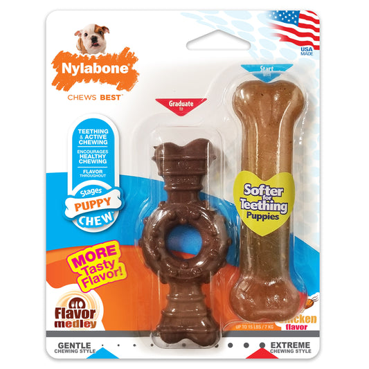 Nylabone Just for Puppies Teething Chew Ring Bone Ring Bone Twin Pack Flavor Medley & Chicken Flavor 1ea/XS/Petite - Up To 15 lb