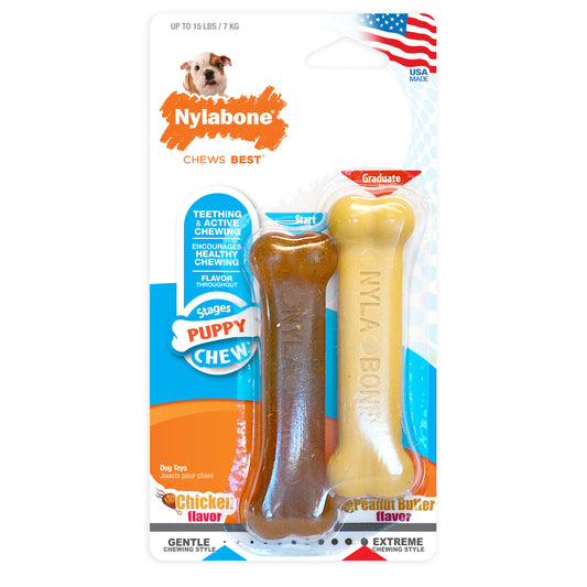 Nylabone Classic Puppy Chew Flavored Durable Dog Chew Toy Classic Bone Twin Pack Chicken & Peanut Butter Brown 1ea/XS/Petite - Up To 15 lb