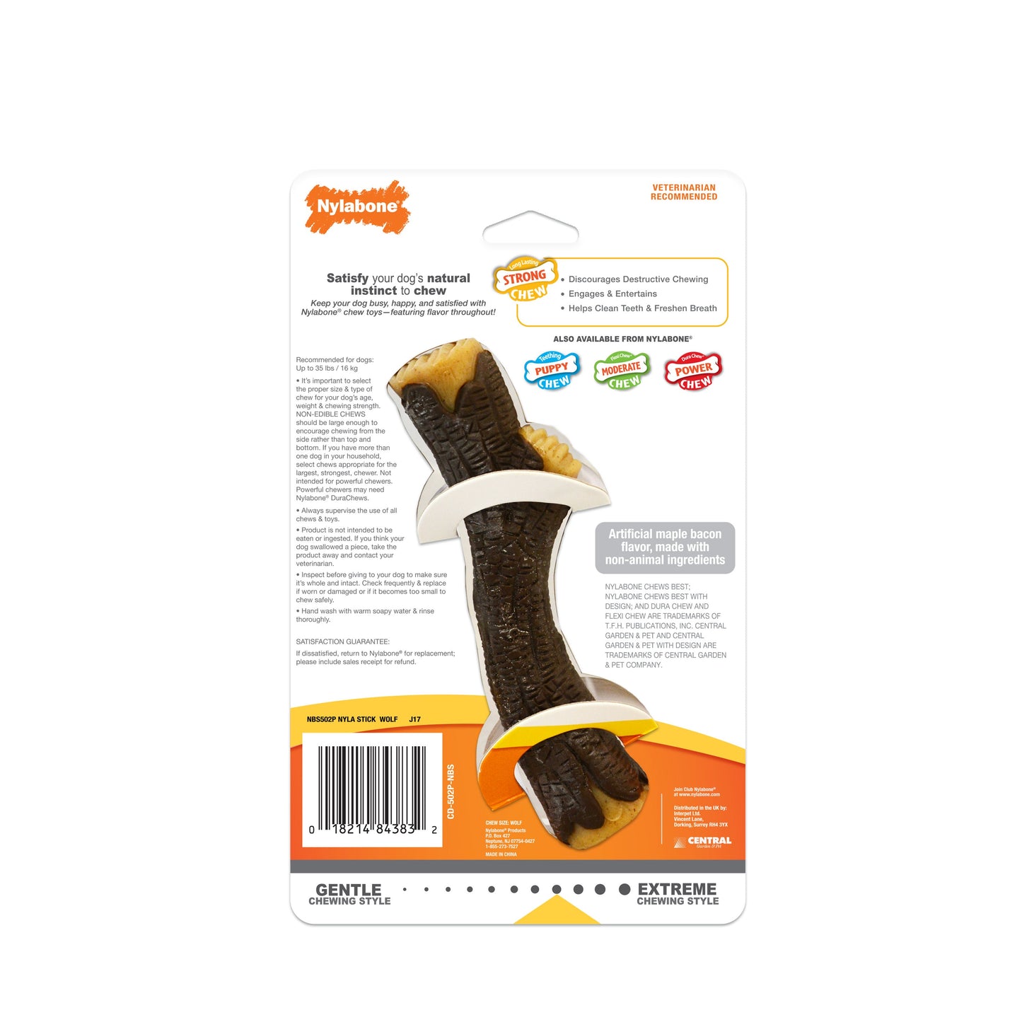 Nylabone Strong Chew Real Wood Dog Stick Toy Maple Bacon 1ea/Medium/Wolf - Up To 35 lb