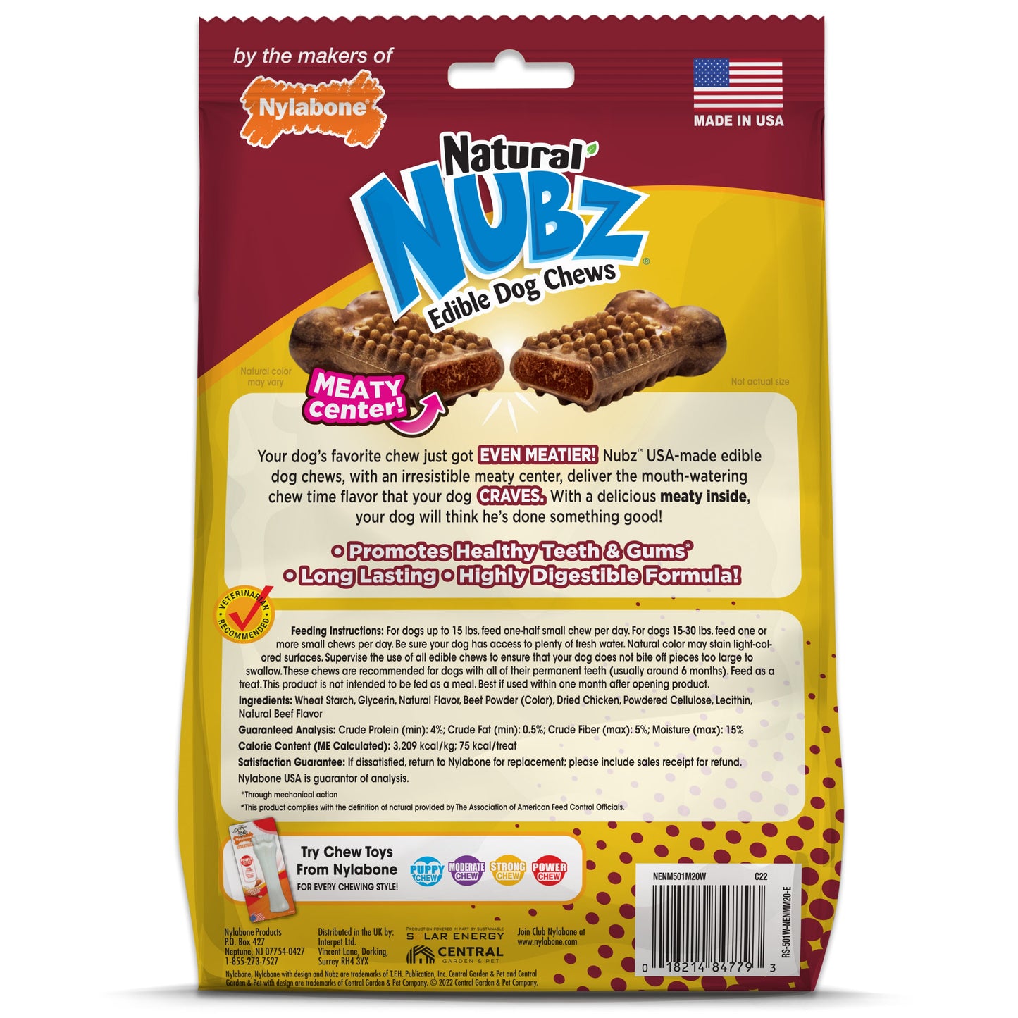 Nylabone Nubz Meaty Center Natural Long Lasting Edible Dog Chews Beef 1ea/SMall - Up To 30 lb