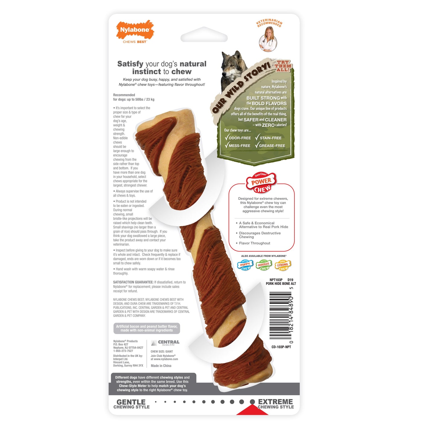 Nylabone Power Chew Pork Hide Alternative Dog Chew Toy Bacon & Peanut Butter 1ea/Large/Giant - Up To 50 lb