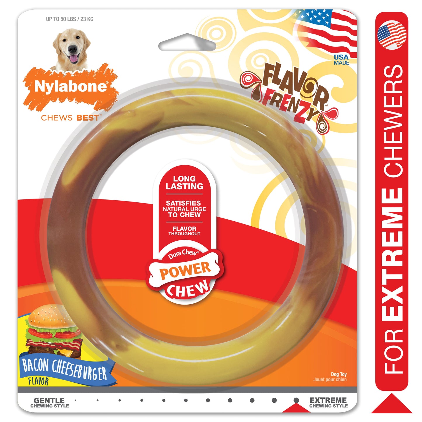 Nylabone Power Chew Flavor Frenzy Ring Dog Chew Toy Bacon Cheeseburger 1ea/Large/Giant - Up To 50 lb