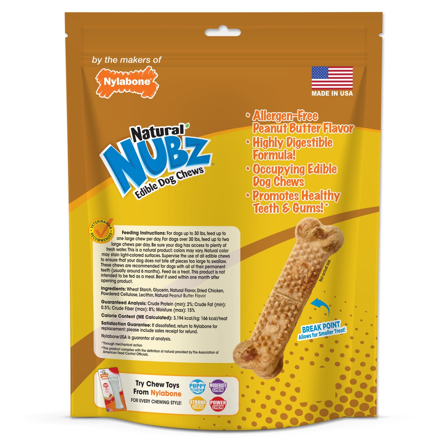 Nylabone Natural Nubz Dog Treats, AllergenFree Peanut Butter Peanut Butter, Large  30 Lbs. 15 ct