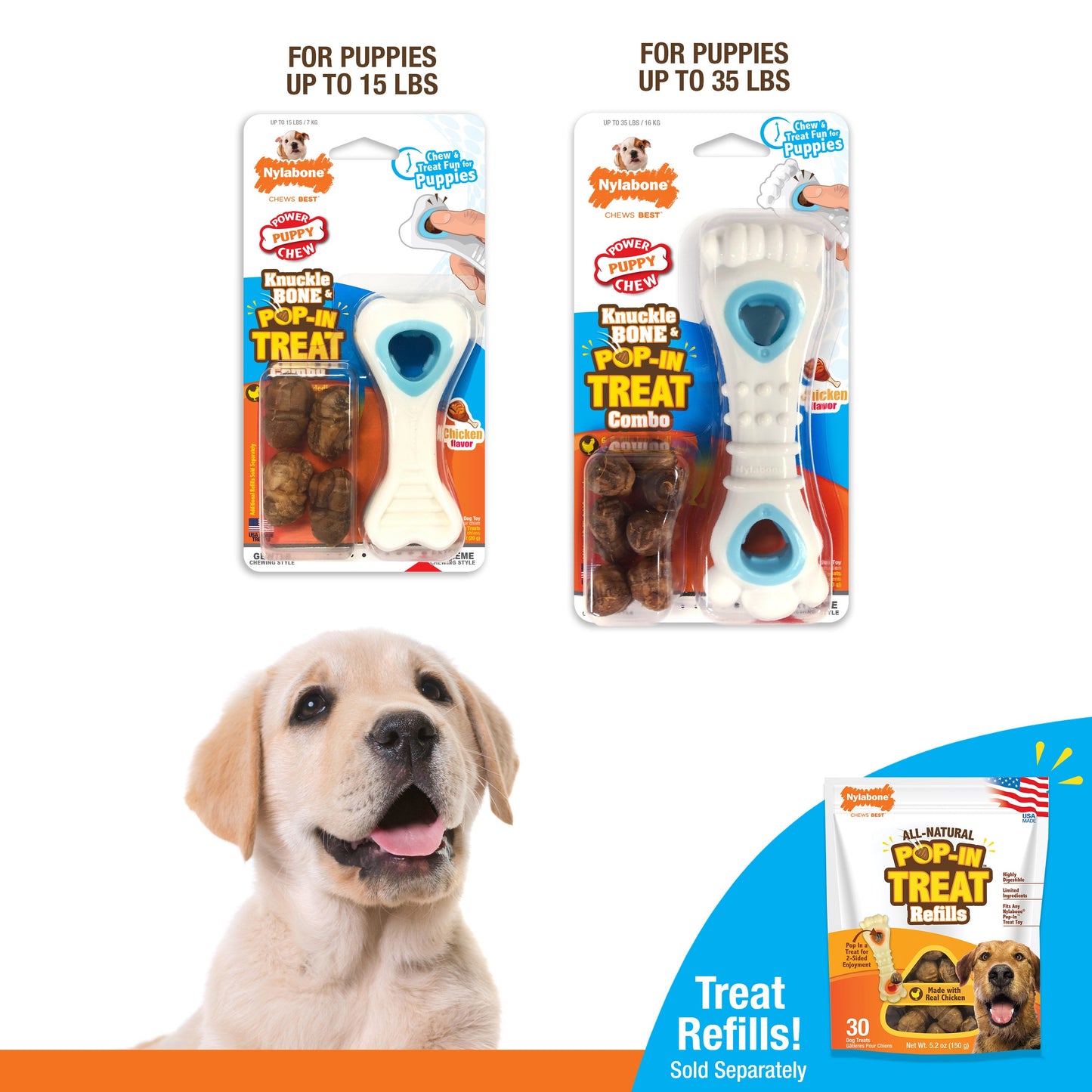 Nylabone Puppy Power Chew Knuckle Bone & Pop-In Puppy Treat Toy Combo Chicken 1ea/Medium/Wolf - Up To 35 lb